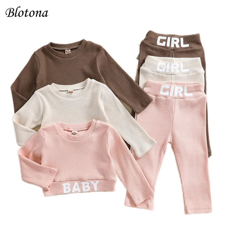 

Blotona Baby Girls Letter Print 2Pcs Set Long Sleeve O-Neck Solid Color Ribbed Pullover Crop Top and High Waist Pants, 6M-4Y