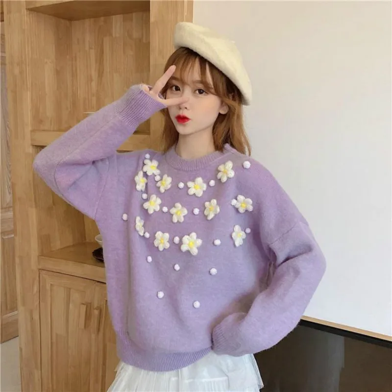 

Three-Dimensional Flower Sweater for Women 2021 New Autumn Winter Knit Shirt Female Solid Color Sweaters Y290
