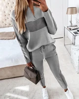 2022 women fashion elegant casual colorblock zipper design long sleeve top drawstring waist pants set