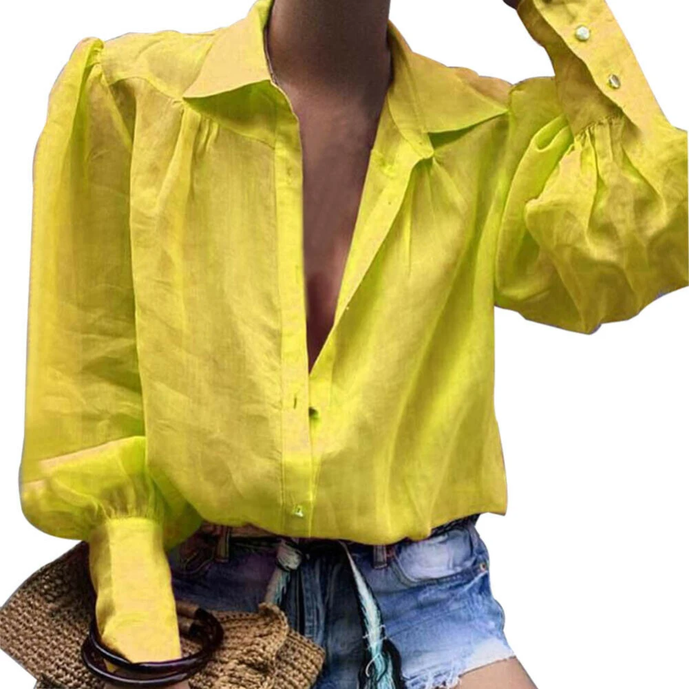 

Women's Shirt Blouse Office Lady Long Puff Sleeve Turn Down Collar Buttons Shirt Loose Blouse Top Autumn Solid Button Female Top