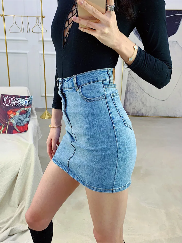 Джинсовая короткая прямая юбка с высокой талией женская джинсовая карандаш