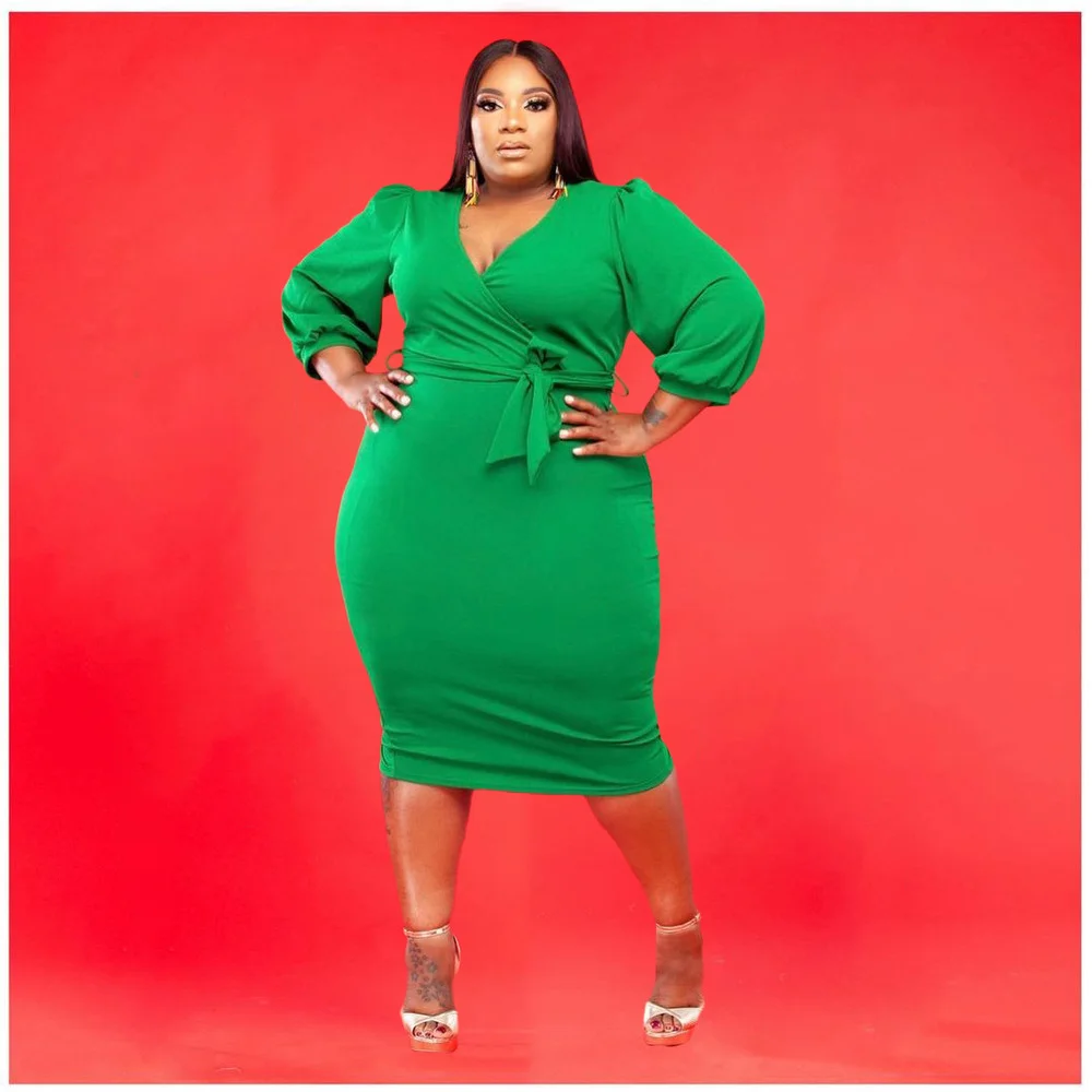 

ZJFZML ZZ Women Clothing Dresses Plus Size Deep V Neck Three Quarter Sleeve Knee Length Sheath Dress Dropshipping Wholesale