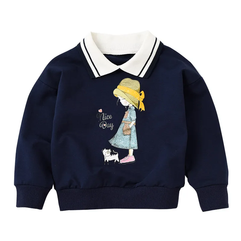 

Новинка, Детская футболка для девочек, топы, футболка с отложным воротником и мультяшным рисунком, хлопковый пуловер для девочек, топы RT631