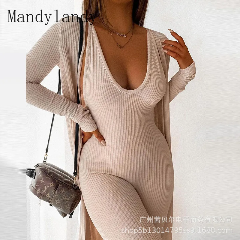 

Mandylandy Autumn Cardigan Long Sleeve Jacket + V-neck Sleeveless High Waist Jumpsuits Suit Women's Sexy Solid Color Slim Suit