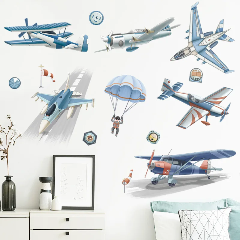 

BRUP Blue Airplane Aircraft Wall Stickers for Kids Room Decoration Boy Room Decorative Stickers Bedroom Wall Decals Living Room