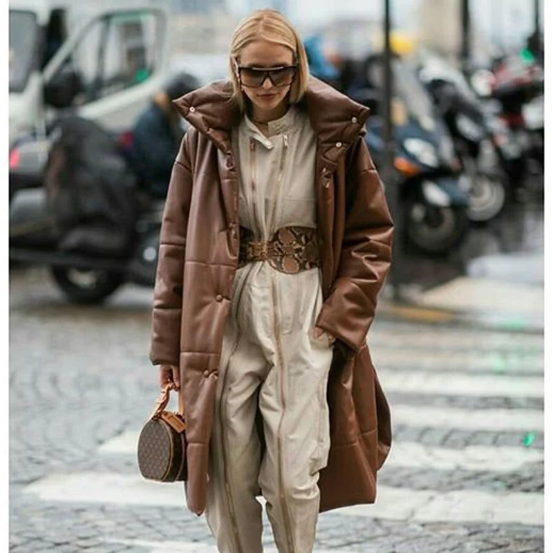 

new Winter PU Leather Coats Women Elegant Long Cotton Jackets Female Ladies HZ Khaki Windproof Parkas Women Fashion Casual