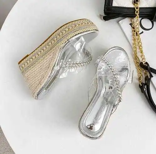 

2021 fashion slope heel sandals women's summer wear cross strap Rhinestone fashion high heel thick bottom