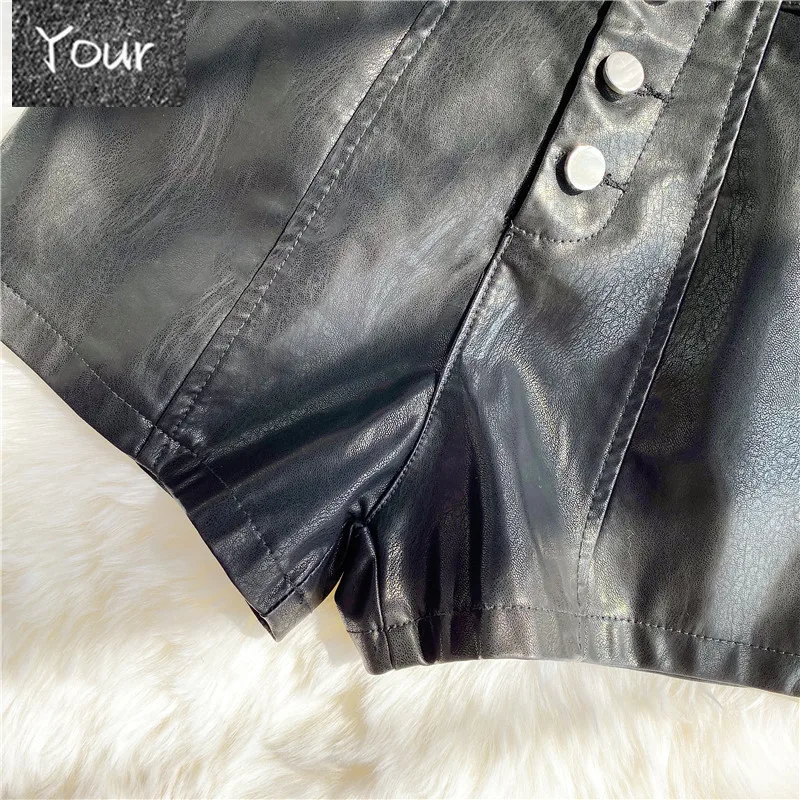 

Autumn Women PU Shorts Button High Waist Shorts Female Casual Black Shorts Ladies All Match Wide leg Shorts Short Pants AB2025