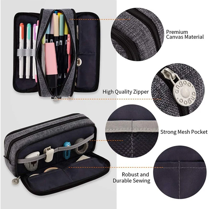 

ANGOO 2 Pcs Large Pencil Case Big Capacity 3 Compartments Canvas Pencil Pouch, Black & White-Pink