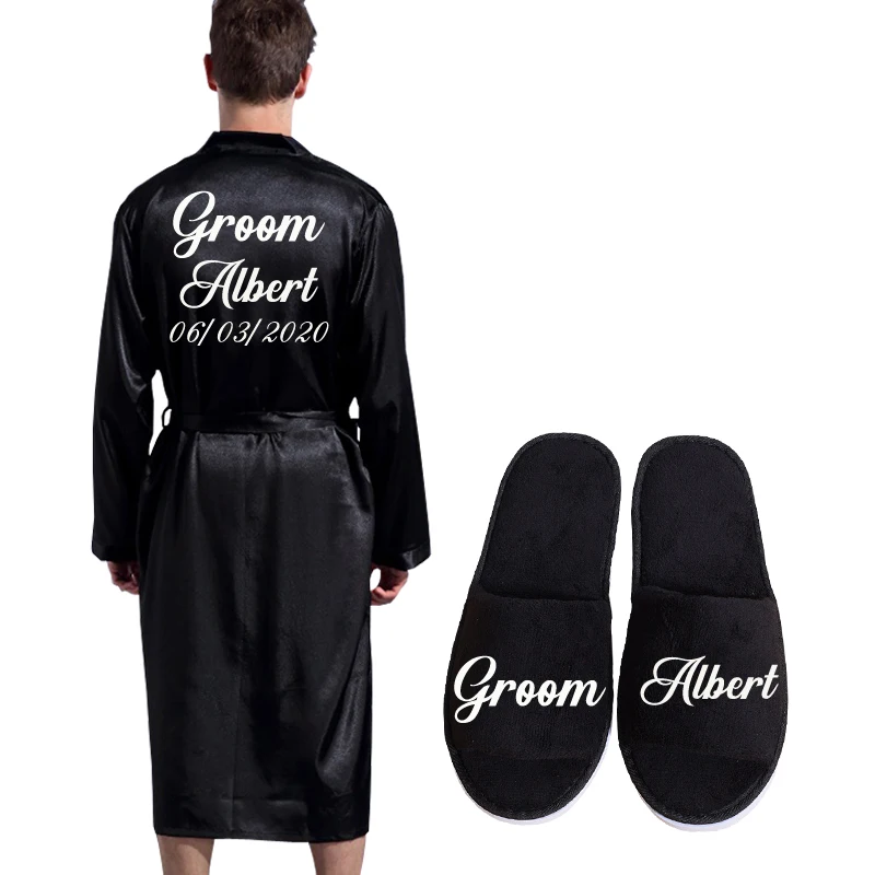 Groom Robe Nightgown For Men Kimono Customized Name and Date Emulation Silk Soft Home Bathrobe Personalized for Wedding Party