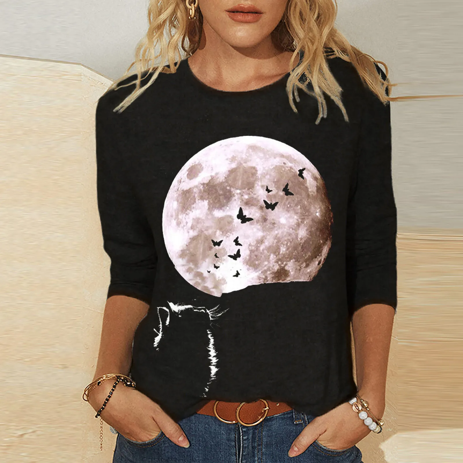 

2021Women Blouses Casual Long Sleeve Cat printing O-Neck Lightweight Long Sleeve Casual Pullover Shirt Blouse Top sudadera mujer