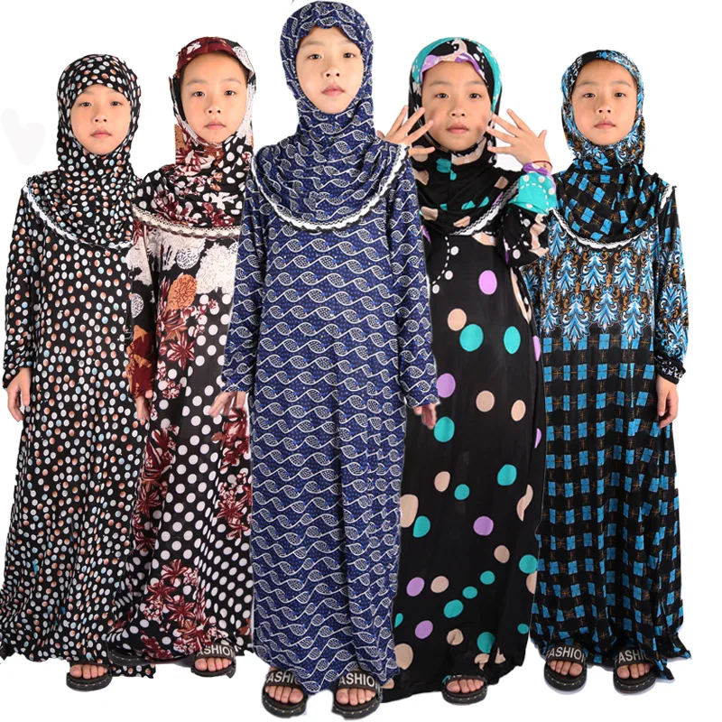 Платье-Абая для девочек на Рамадан, мусульманское, с цветочным рисунком, хиджаб, мусульманская одежда, марокканский кафтан, детские платья, ...