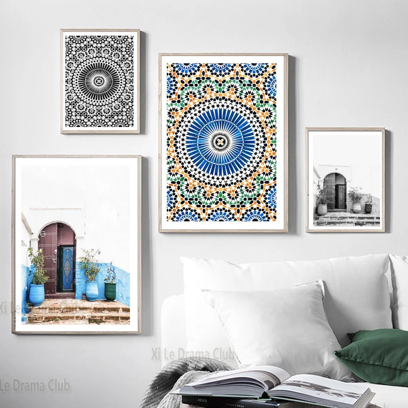 

Mosque Blue Door Nordic Poster Moroccan Architecture Wall Art Canvas Painting Religious School Decorating Mural For Living Room