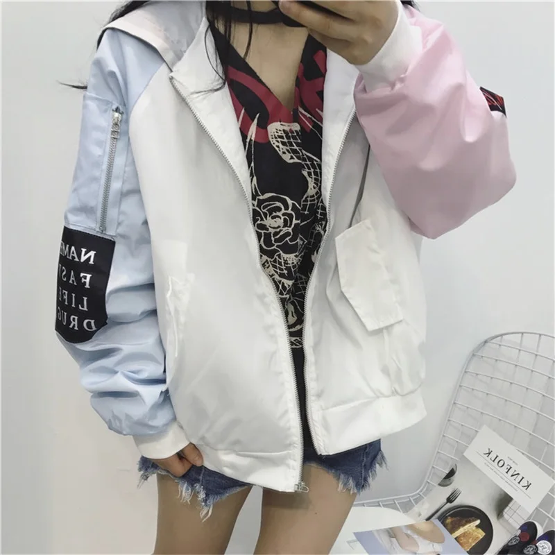 

Coat Female 2019 Spring Autumn Women Contrast Short Jacket Long Sleeve Zipper Letter Jacket Korean Loose Patch Female Coat Tops