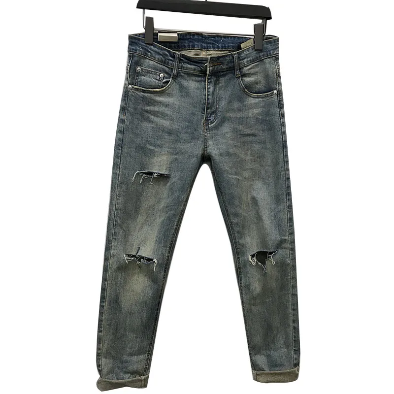 

Europe Autumn Men Ankle-length Jeans Vintage Blue Ripped Hole Slim Pencil Pants Distressed Denim Trousers Fashion Streetwear