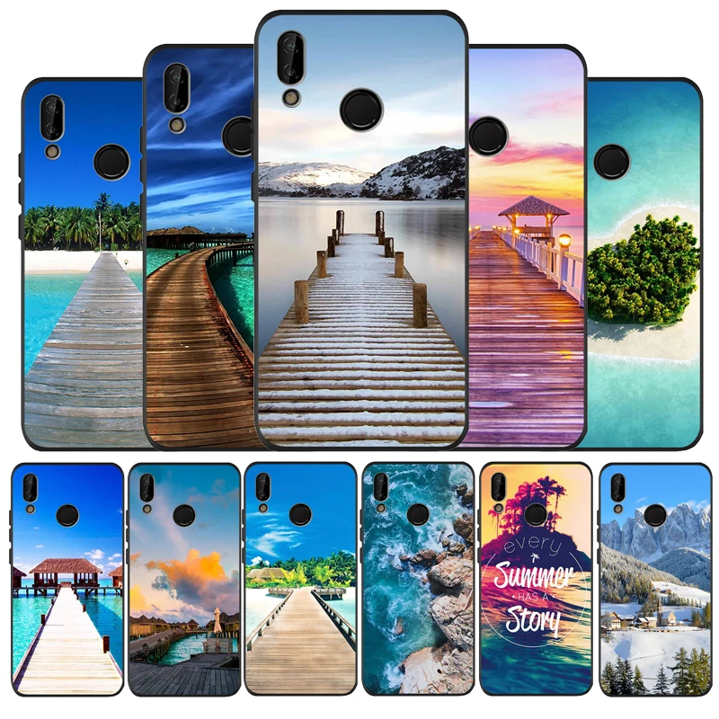 Черный мягкий силиконовый чехол из ТПУ для телефона Beauty Beach Bridge Huawei P9 P10 P20 P30 Lite Plus