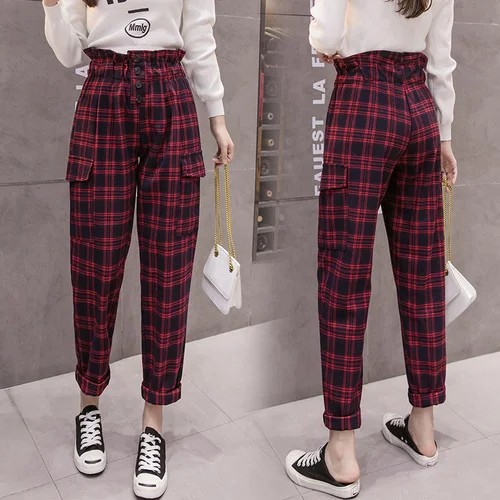 Свободные 2019 осенние модные клетчатые Pantalon с высокой талией повседневные