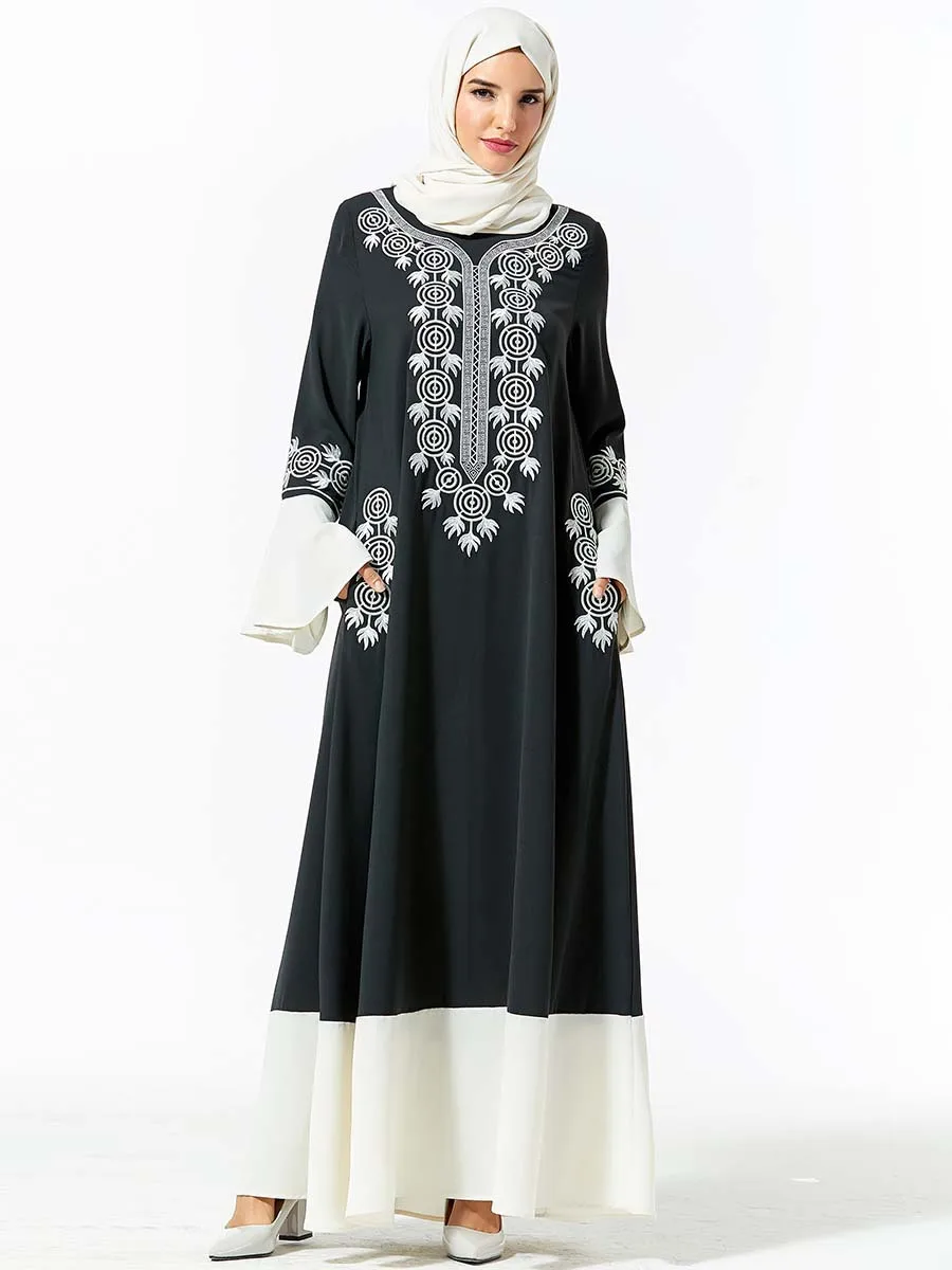 Мусульманское женское вышитое абайя Платье макси с длинным рукавом халат кафтан