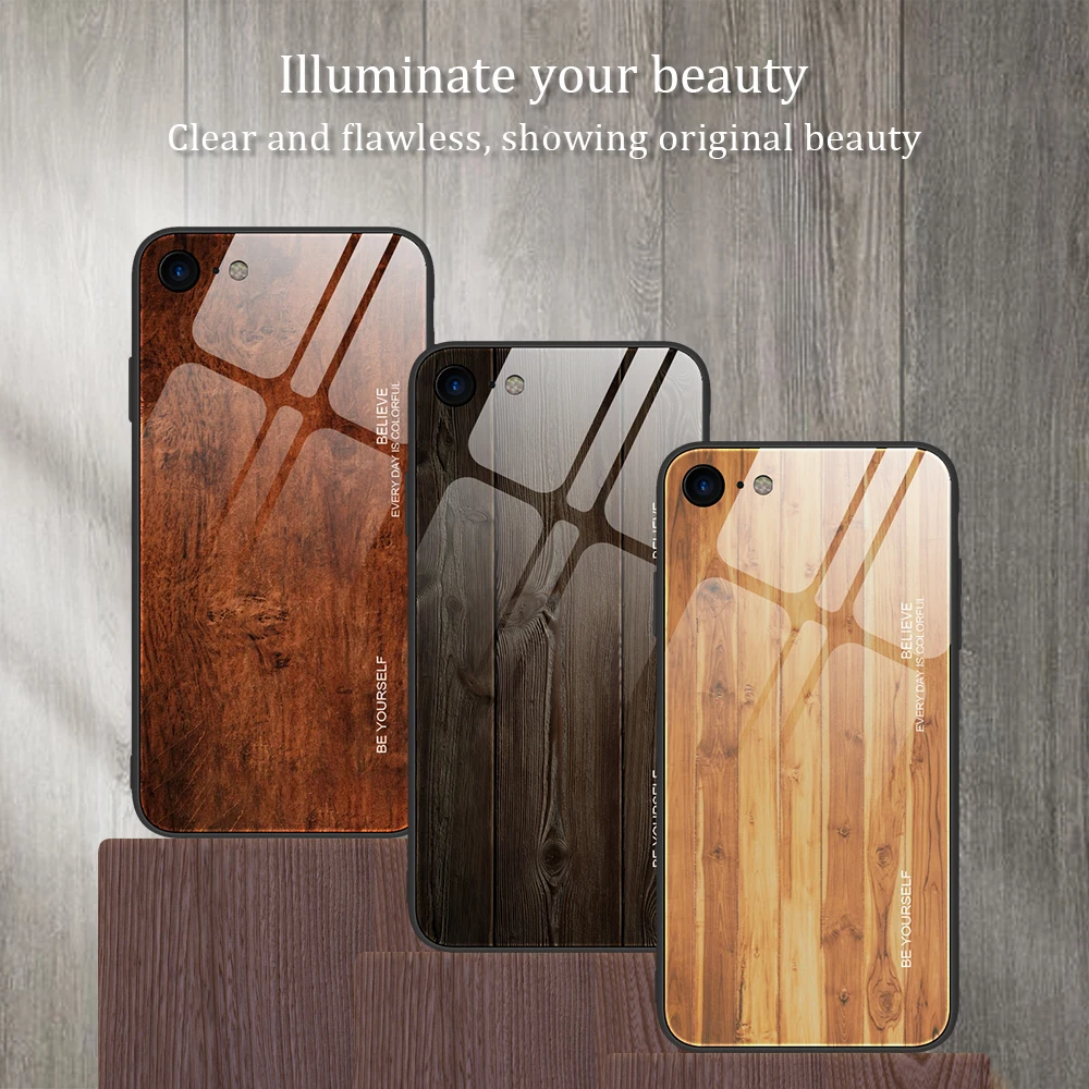 Wood grain tempered glass phone case For iPhone13Pro 11 7 8 6 6S plus Tempered Glass Case For iPhone