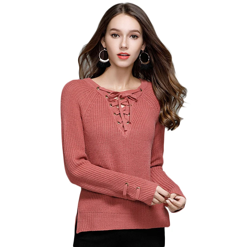WHZHM Winter Lace Up Sweater Women Long Sleeve Pullover Female Basic Casual Loose Tops Bandage Jumper YH-0607135 | Женская одежда