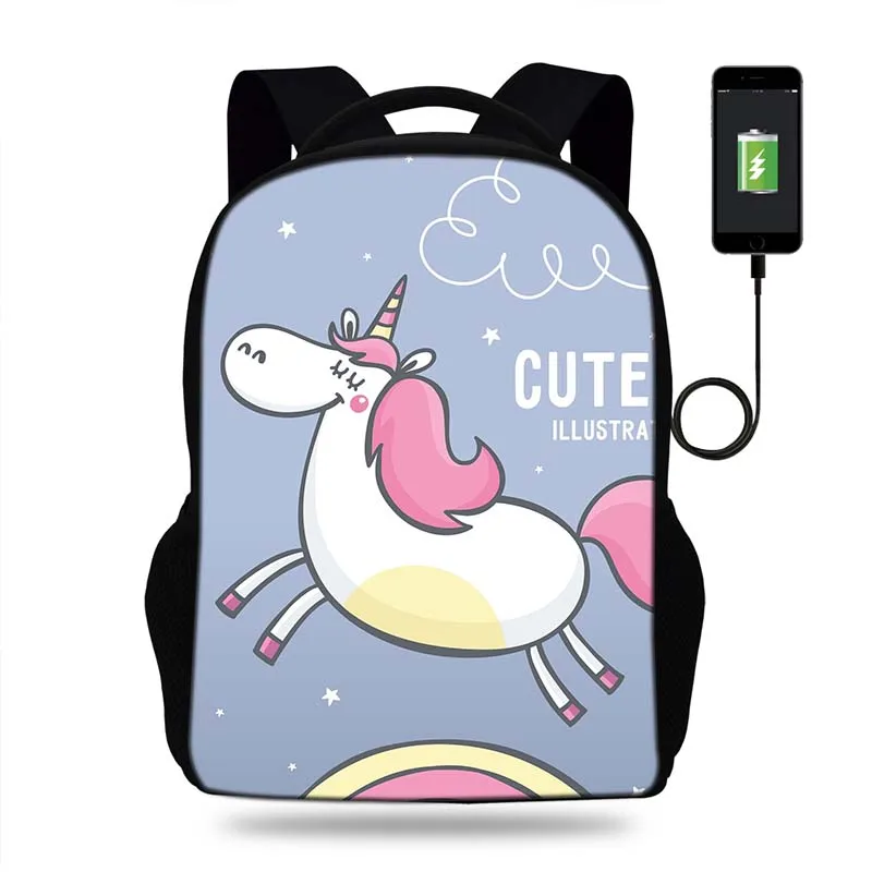 Рюкзак для девочек-подростков с USB-портом и принтом единорога | Багаж сумки