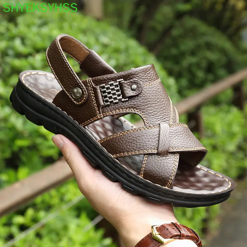 

Waterproof Non-Slip Sandals Cow Leather Men's Soft Bottom Wear-Resistant Slippers Dual-Purpose Breathable Sandals 2021