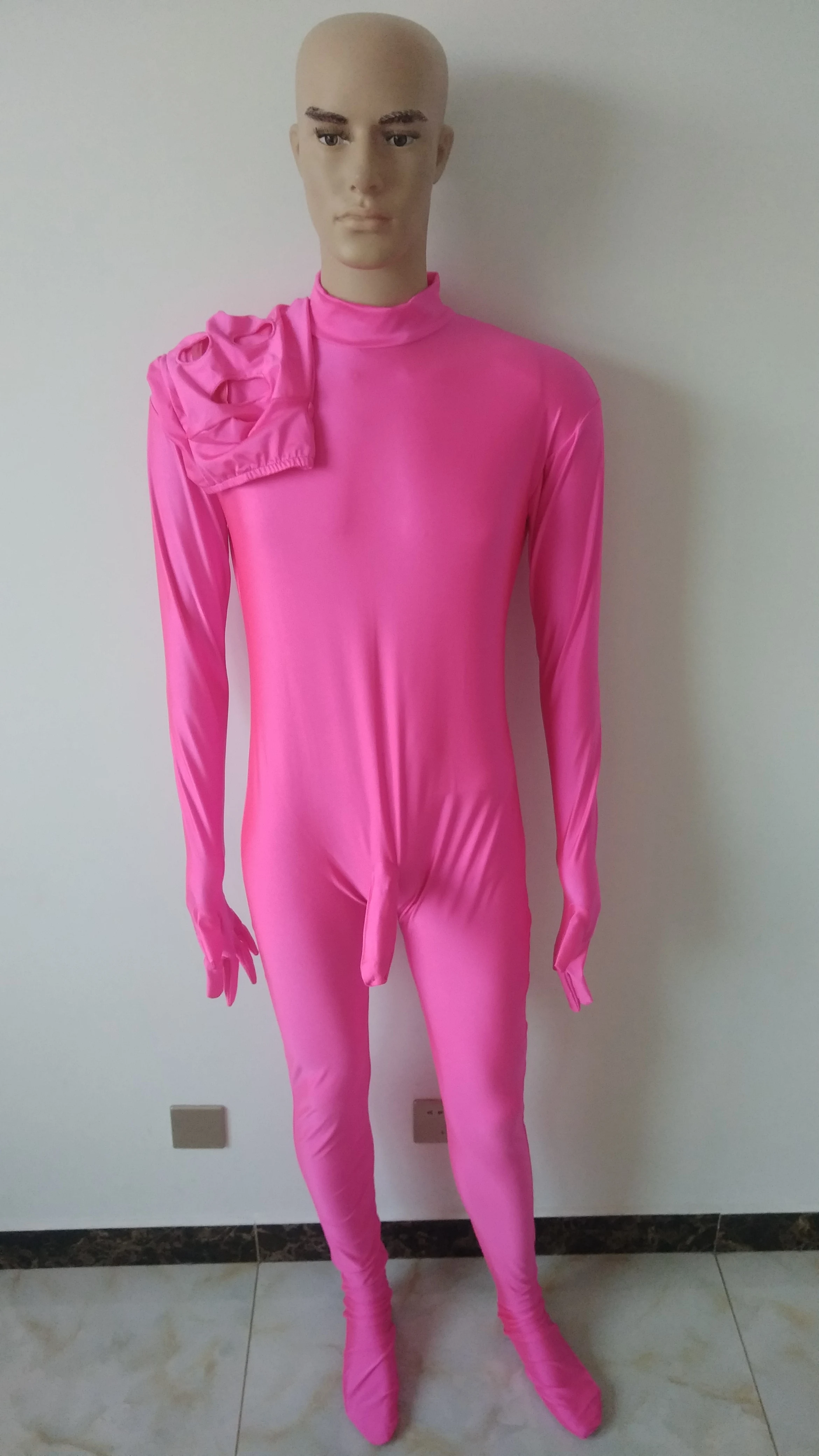 New style pink color Spandex men Unitard Catsuit with Penis sheath removable mask open eyes mouth |