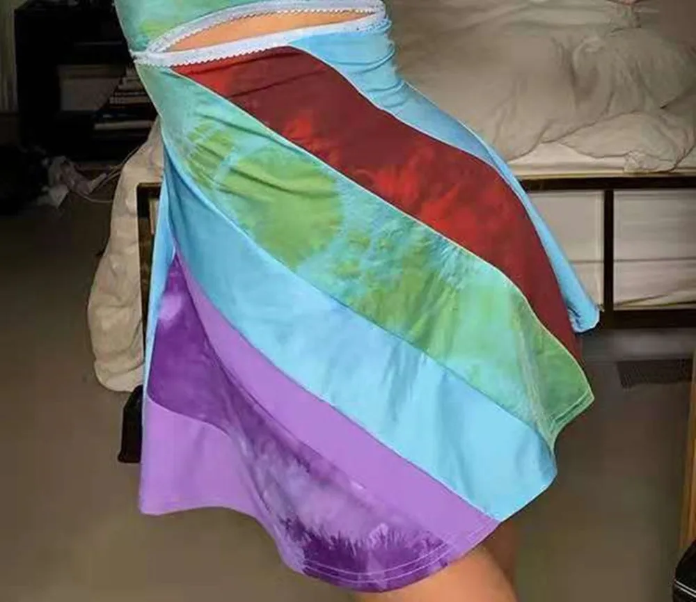 

2021 Summer Fashion Sexy U-Neck Patchwork Colors Hollow Out Spaghetti Strap A-LINE Skirt Casual Home Dress Backless Beach Sweet