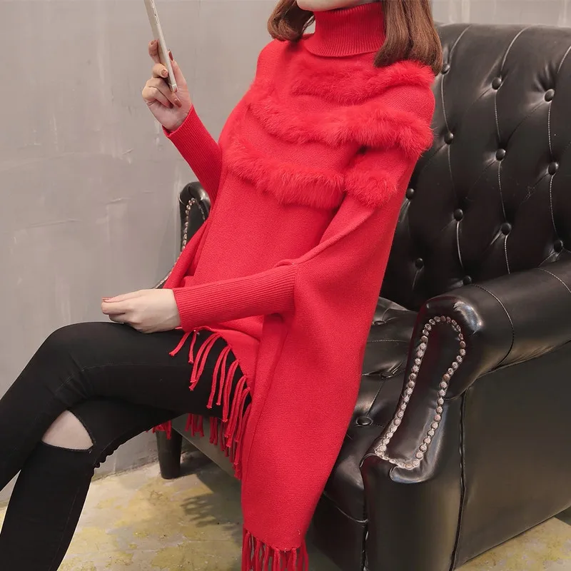 Red women sweater RICININA, длинный женский свитер,, водолазка, однотонный, болеро, шерстяные свитера, Женский ВЯЗАННЫЙ ПУЛОВЕР, Mujer, осенний свитер для девушек, длинный рукав - Цвет: Red women sweater