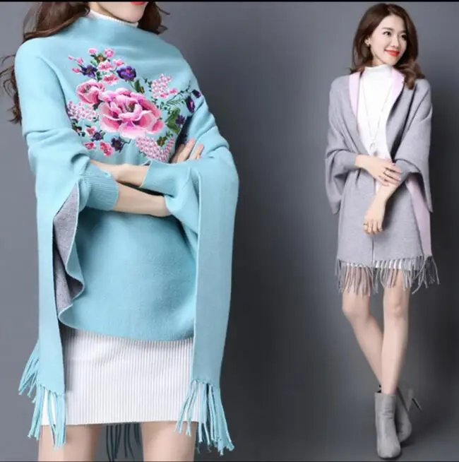 Женское Вязаное пончо с принтом длинный свитер V-образным вырезом и рукавом