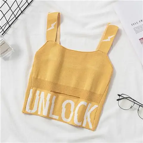 

Short Sleeveless Vest Women's 2021 Summer Hole Exposed Knit Sling Contrast Color Letter Print Bottoming Top Tank for Women