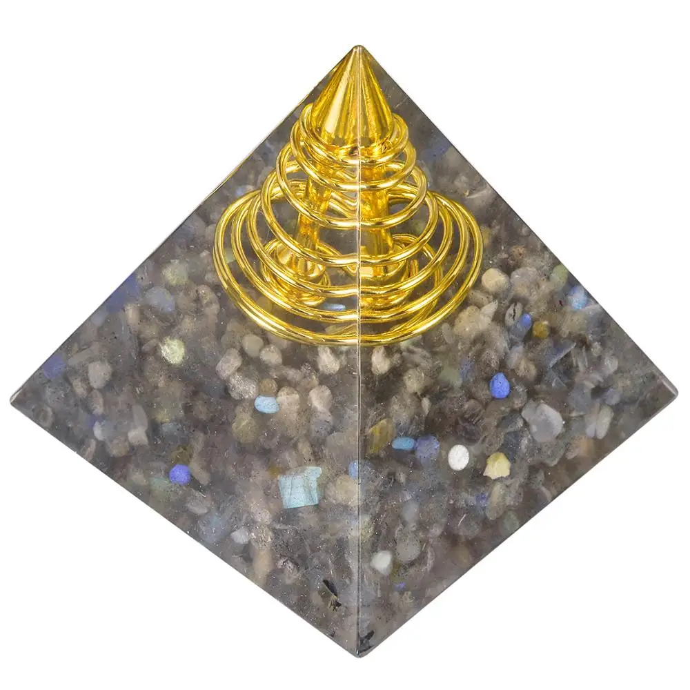 Labradorite TUMBEELLUWA целебный Кристалл Orgone Пирамида с золотой спиральной точкой, генератор энергии оргонита для йоги медитации чакра балансировки - Цвет: Labradorite