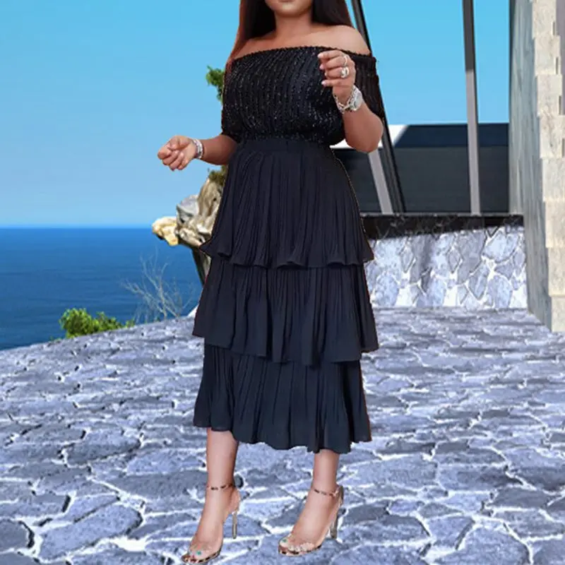 Женское многослойное платье шифоновое Плиссированное черное модное