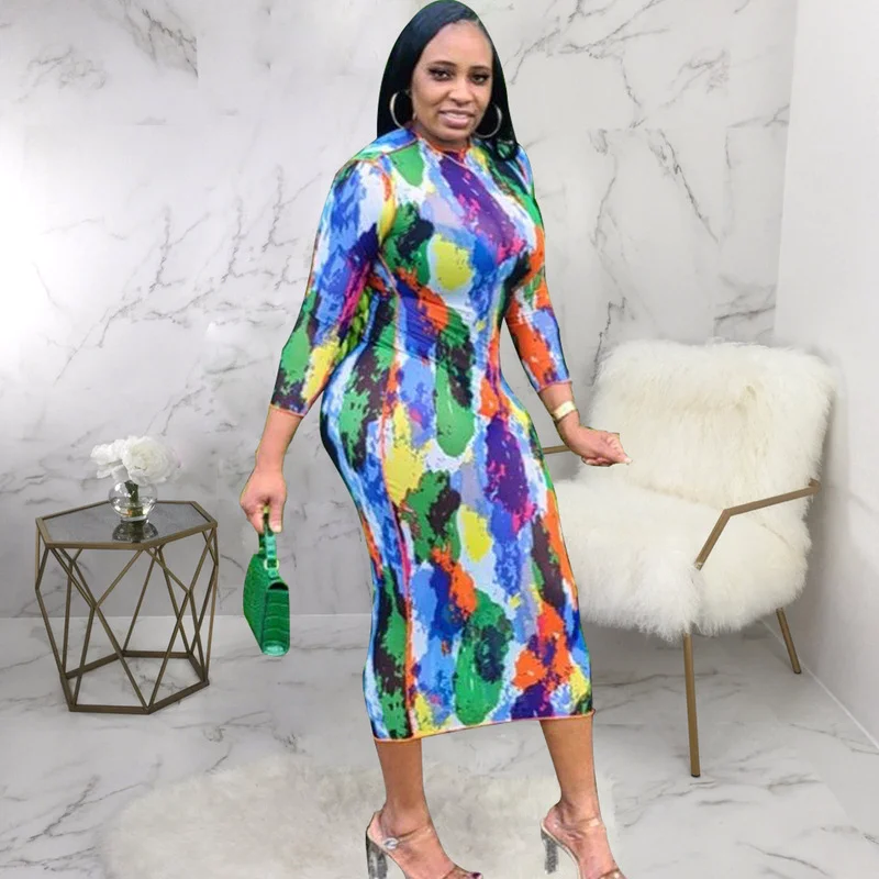 

Tie Dye Colorful Print Mesh Sheer Elastic Hight Midi Dress Women O-Neck Long Sleeve Skinny Bodycon Dress Casual Street Clubwear