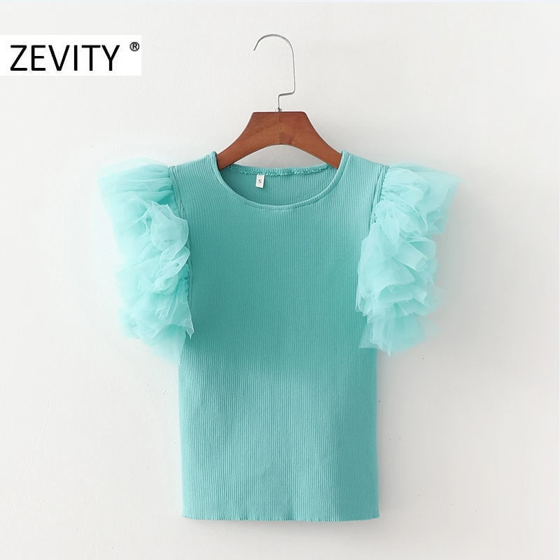 Новая женская плиссированная сетчатая вязаная блузка ZEVITY в стиле пэчворк с