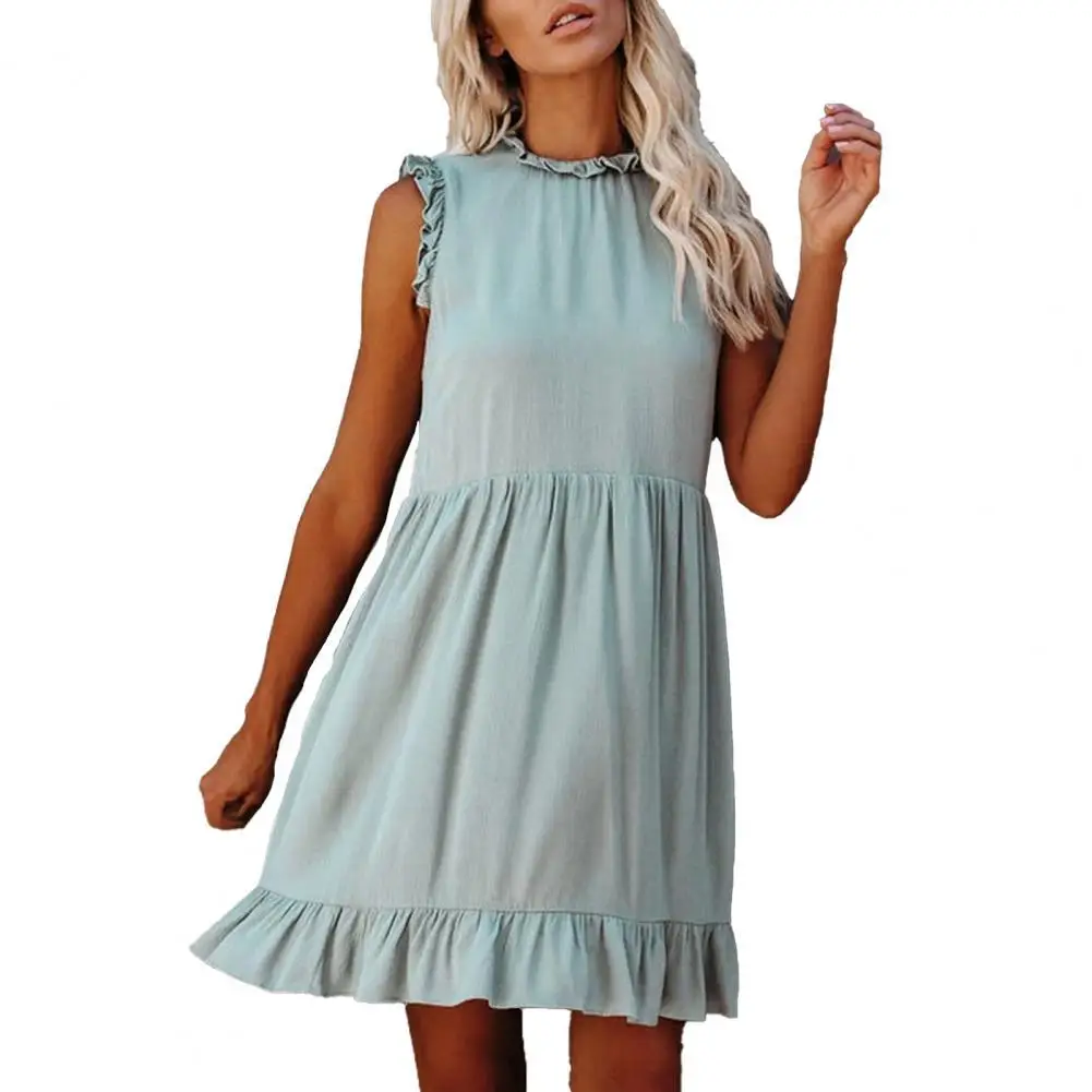 

Женское однотонное платье с оборками, элегантное розовое платье без рукавов с круглым вырезом, офисные платья размера xl, лето 2021