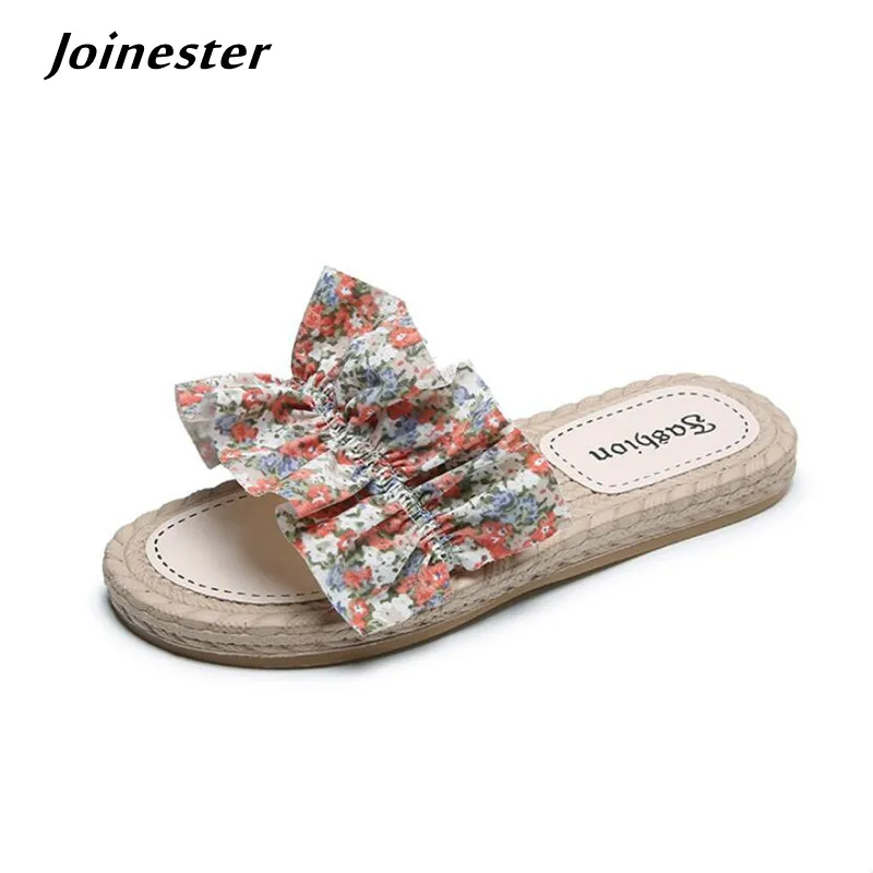 

Summer Women Slippers Bohemian Beach Casual Slides for Female Floral Fabric Ladies Hemp Slipper Fashion Backless Sandals