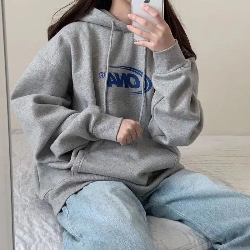 

Hoodies Women Plus Velvet Warm Winter and Spring Soft Harajuku Chic Letter Couples Hoodie with Hat Basic Style Womens Sweatshirt