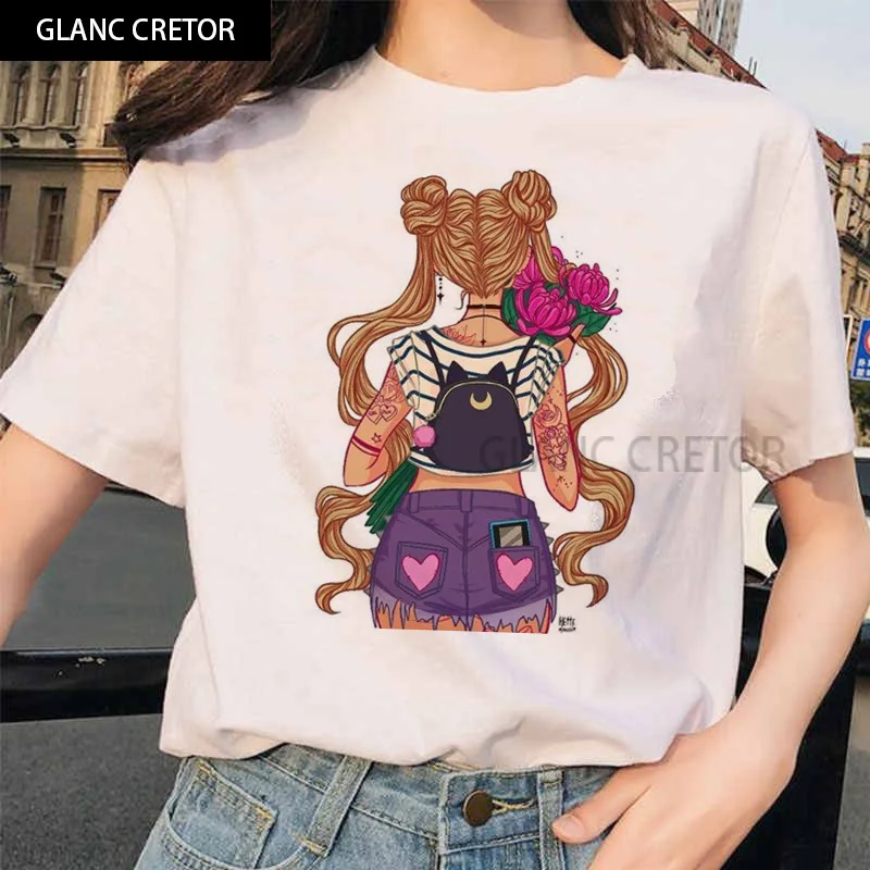 

Sailor Moon Aesthetic cat Anime Women Cute Female T-shirt Kawaii Tees Fashion Ullzang 90s funny T Shirt Harajuku clothes Tshirt