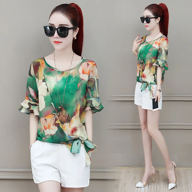 Женские шифоновые Блузки Рубашки Летние повседневные стильные цветочные принты