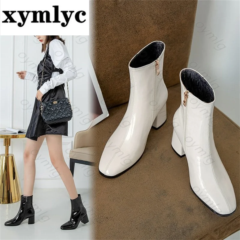 

Ботинки женские короткие из лакированной кожи, на высоком каблуке, с молнией сбоку