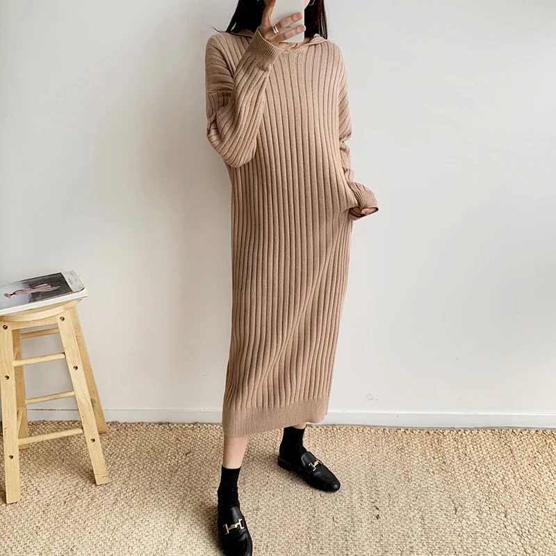 BGTEEVER элегантное прямое осенне-зимнее платье с капюшоном женское платье-свитер
