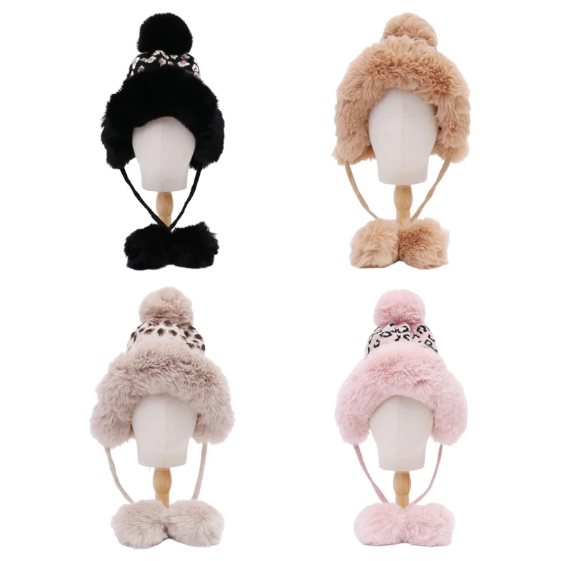 

Leopard Print pompoms Wool Hat Knitted lei Feng Hat Warm Foldable Travel Hat All-match Hats Warm Autumn Winter Snow Ski