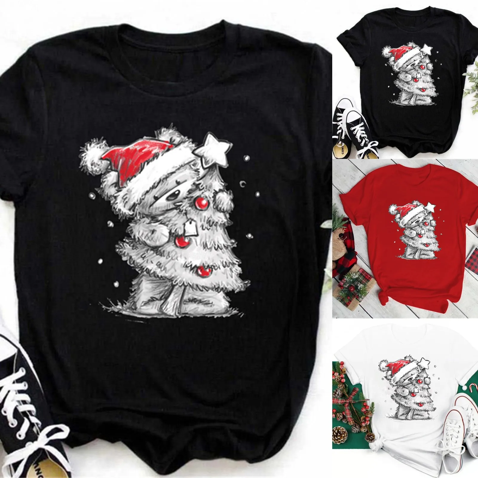 

Christmas Cute Bear Pattern T-shirts For Womens Short Sleeve Aesthetic Graphic Tee Tops Ladies Streetwear Clothes Ropa Mujer A40