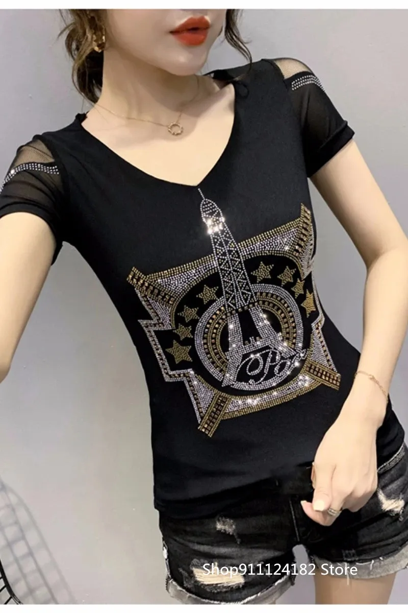 

European Station Summer Heavy Industry Hot Drilling Mesh Short-Sleeved shirt Female European All-Match Thin Western-Style Blouse