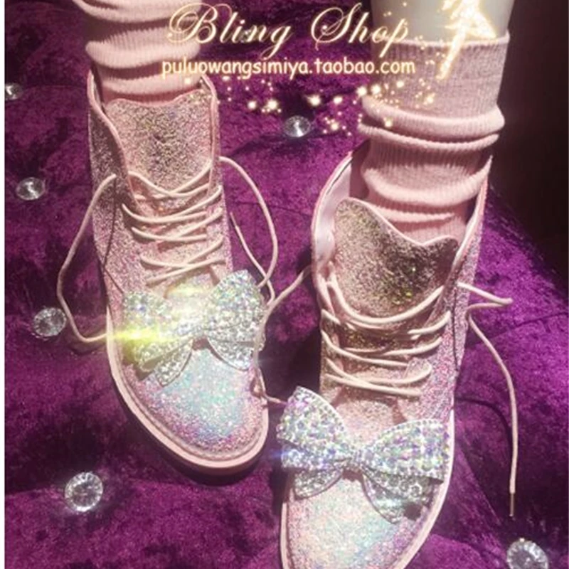 New sequins female Martin boots sweet ins rhinestones bow European station fashion women's ankle | Обувь