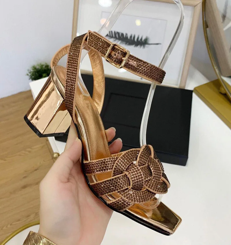 

Early spring 2021 new cowhide woven iron drill high heel thick heel square head fashion sandals women's trend