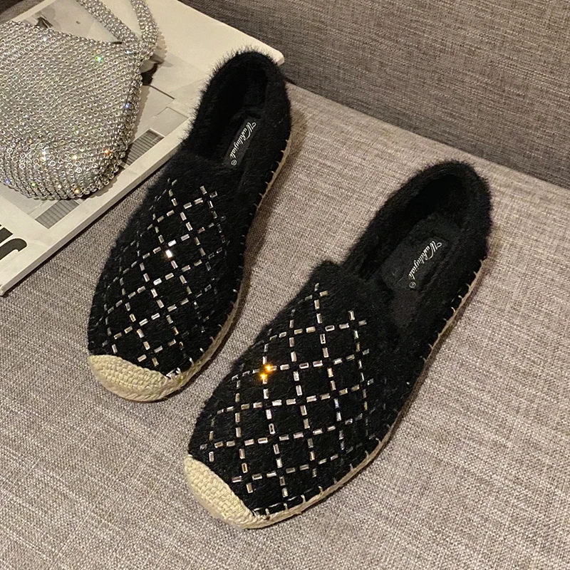 90Black Fashion Hemp Loafers Women Espadrilles Flats Shoes Sewing Rhinestone Round Toe Ladies Casual Moccasins Slip On Brand Style New - Цвет: 90Black