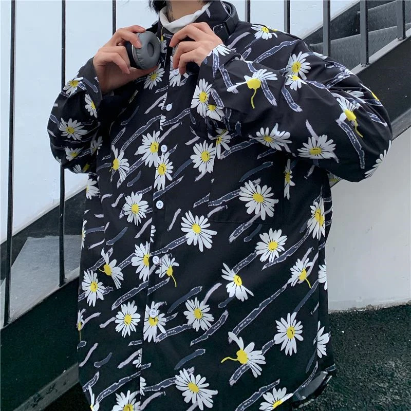 

2020 New Loose Long-sleeved Shirt For Men And Women Spring All Matching Korean Style Of Trend Super Fire Daisy Full Print