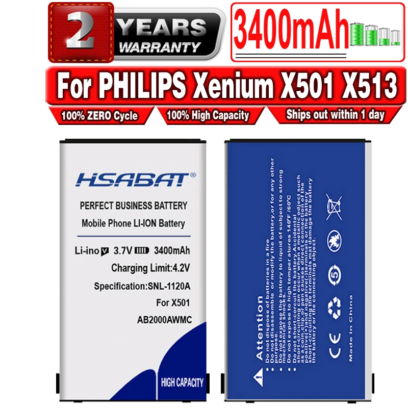 Аккумулятор HSABAT 3400 мАч AB2000AWMC для PHILIPS Xenium X501 X513 X523 X130 X623 X3560 X2300 X333|battery for|batteries